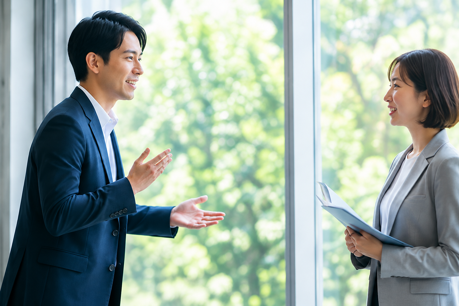 明るい窓辺で対話する男女